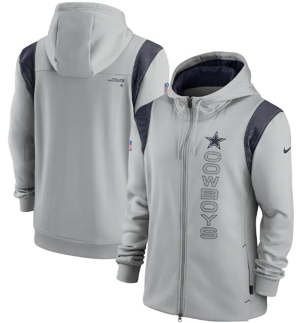Men's Dallas Cowboys 2021 Gray Sideline Team Performance Full-Zip Hoodie Men's Dallas Cowboys 2021 Gray Sideline Team Performance Full-Zip Hoodie